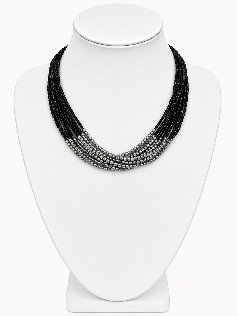 Vintage Multi-Strand Black and Silver Beaded Necklace Adjustable Statement